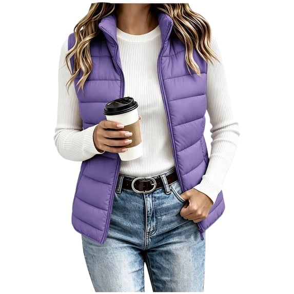Atogsazn Women's Winter Puffer Jacket Casual Full Zip Sleeveless Vest Thick Warm Loose Fit Tops Outerwear Purple M Fashion
