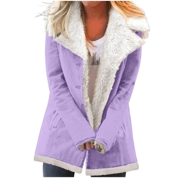 Atogsazn Women's Winter Warm Denim Jacket Fuzzy Fleece Lined Long Sleeve Jacket Fashion Sherpa Outerwear with Pockets Purple L