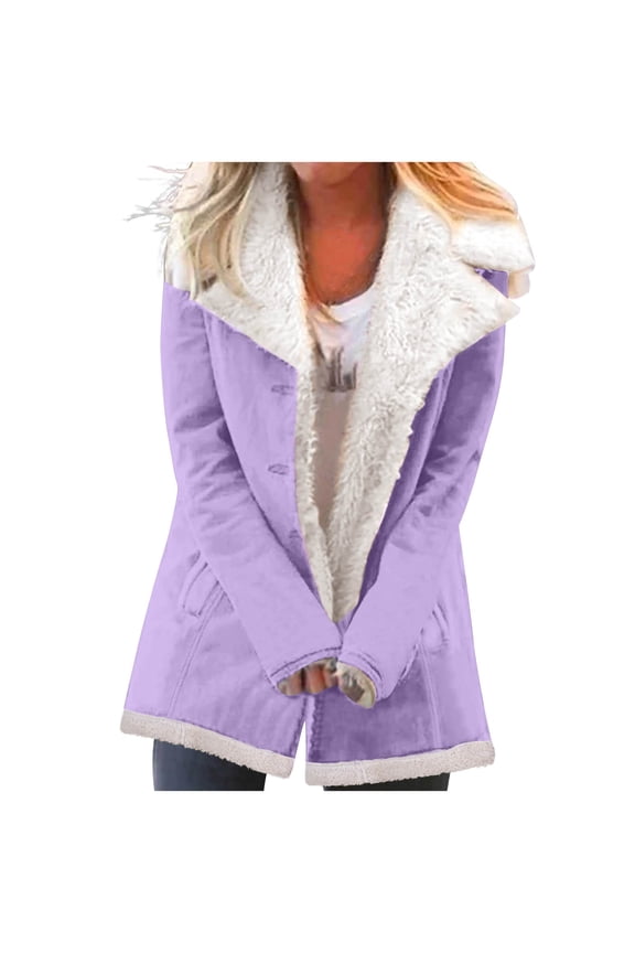 Women's Winter Warm Denim Jacket Fuzzy Fleece Lined Long Sleeve Jacket Fashion Sherpa Outerwear with Pockets Purple M