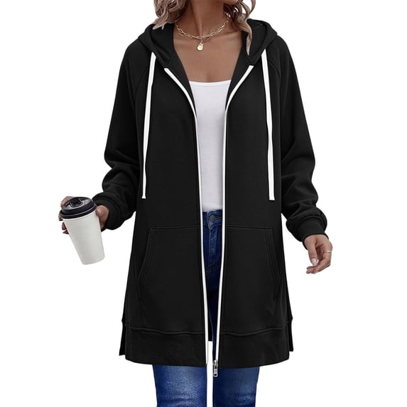Atogsazn Women's Zip Up Hooded Jacket Casual Drawstring Long Sleeve Hoodies Fall Winter Tops Outerwear Black XL Fashion