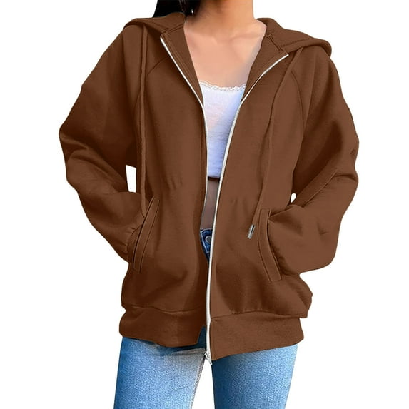 Atogsazn Women's Zip Up Hoodies Casual Fleece Long Sleeve Sweatshirt Spring Fall Tops Track Jacket with Pocket 03-Brown XXXL