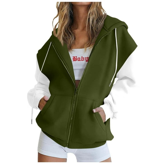 Atogsazn Women's Zip Up Jacket Oversized Sweatshirt Colorblock Fall Jackets Hooded Outfit Clothes with Pocket 01-Army Green L Fashion