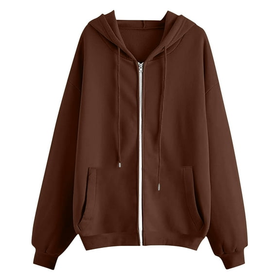 Atogsazn Women's Zip Up Jacket Oversized Sweatshirt Colorblock Fall Jackets Hooded Outfit Clothes with Pocket 02-Brown M Fashion