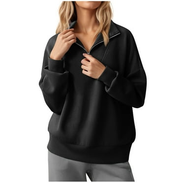 Atogsazn Women's Zip Up Sweatshirt Casual Crew Neck Pullover Sweatshirt Comfy Long Sleeve Tops Black S on Clearance