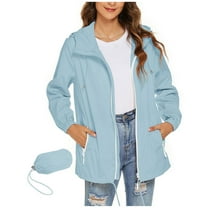 Atogsazn Women's Zipper Raincoat Waterproof Rain Jacket with Pocket Windbreaker Tops Lightweight Outfit Rain Coat Light Blue L