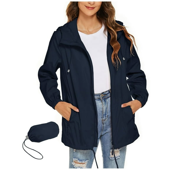 Atogsazn Women's Zipper Raincoat Waterproof Rain Jacket with Pocket Windbreaker Tops Lightweight Outfit Rain Coat Navy XXL