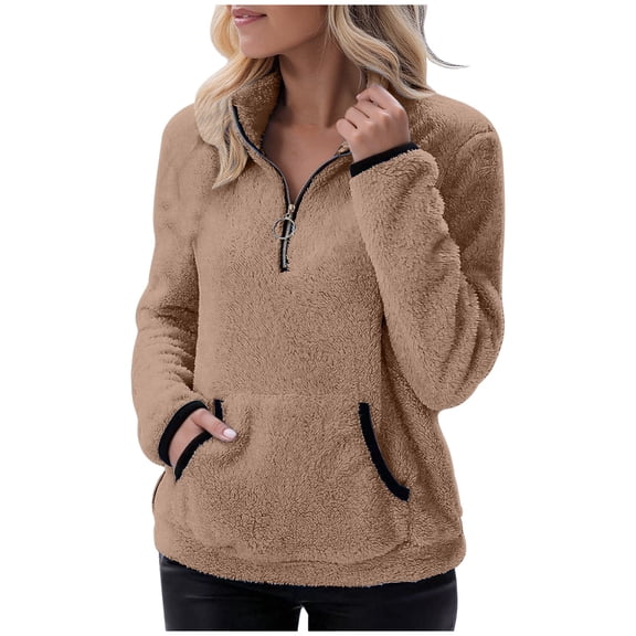 Atogsazn Womens 1/4 Zip Sherpa Blouse Fleece Pullover Oversized Sweatshirt Fuzzy Jacket Wintet Thick Tops with Pocket Coffee S Fashion