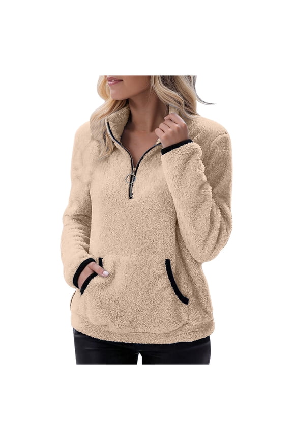Womens 1/4 Zip Sherpa Blouse Fleece Pullover Oversized Sweatshirt Fuzzy Jacket Wintet Thick Tops with Pocket Khaki L Fashion