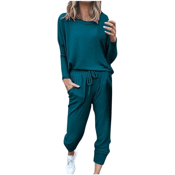 Atogsazn Womens 2 Piece Outfits Loungewear Solid Color Long Sleeve Shirts Tops and Sweatpants Outfits Jogger Workout Set Navy S