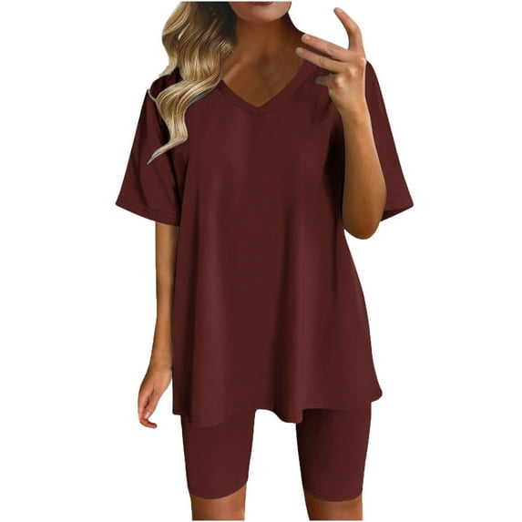 Atogsazn Womens 2 Piece Sets Summer Outfits 2025 Fashion Two Piece Lounge Matching Set Oversized T Shirts Biker Shorts Tracksuit Red M