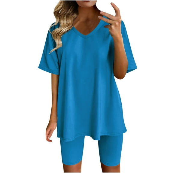 Atogsazn Womens 2 Piece Sets Summer Outfits 2024 Fashion Two Piece Lounge Matching Set Oversized T Shirts Biker Shorts Tracksuit Sky Blue L