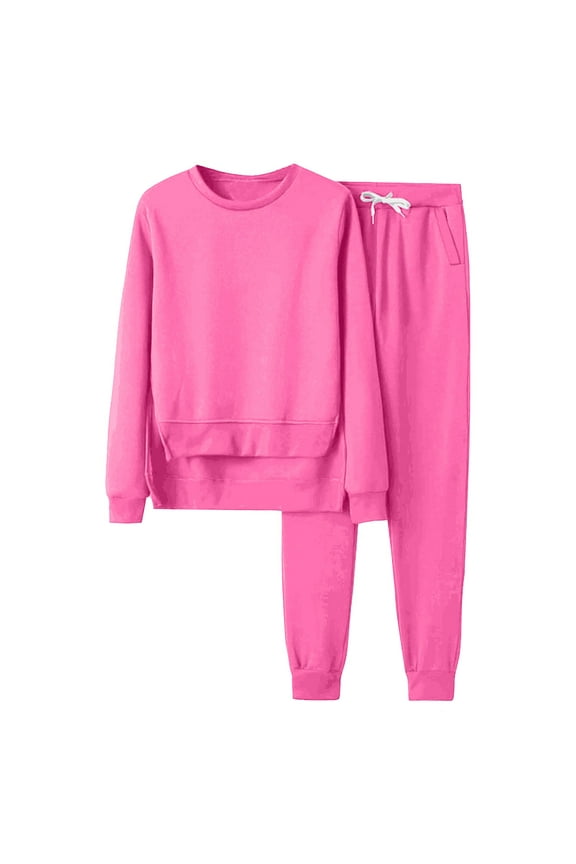 Womens 2 Piece Sweatsuits Crew Neck Long Sleeve Sweatshirt Pullover Tops and Athletic Pants Sets Hot Pink S