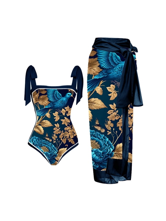 Womens 2 Piece Swimsuit with Cover Up Sarong Wrap Floral Bathing Suits Swim Suit with Beach Cover Up Set 03-Dark Blue XL