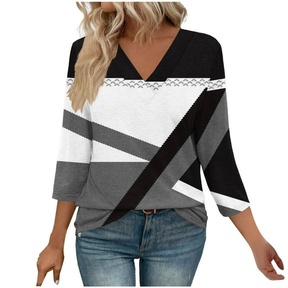 Atogsazn Womens 3/4 Sleeve Tshirt Casual V Neck Colorblock T-shirt Loose Dressy Workout Blouse Tunic Basic Top 01-Gray S