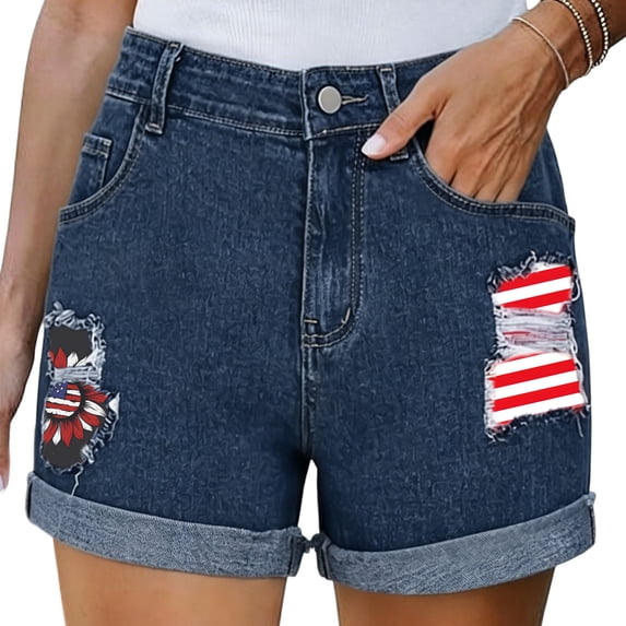 Atogsazn Womens 4th of July Denim Shorts Casual Button Down Wide Leg Short Jeans with Pocket American Flag Short Pants Navy S Fashion