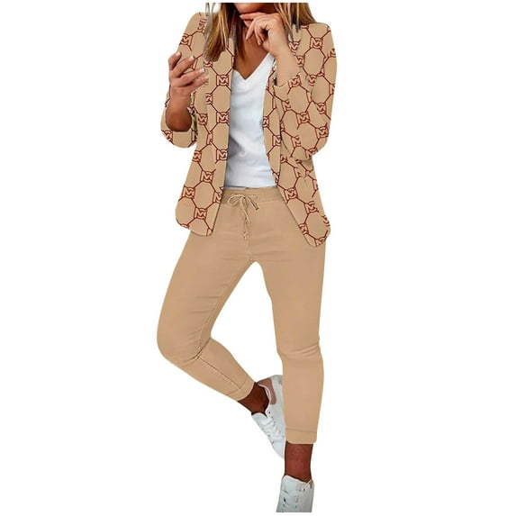 Atogsazn Womens Blazer Suit Sets 2 Piece Outfits Formal Print Open Front Jacket and Pants Set Slim Fit Work Office Outfit Khaki L on Clearance