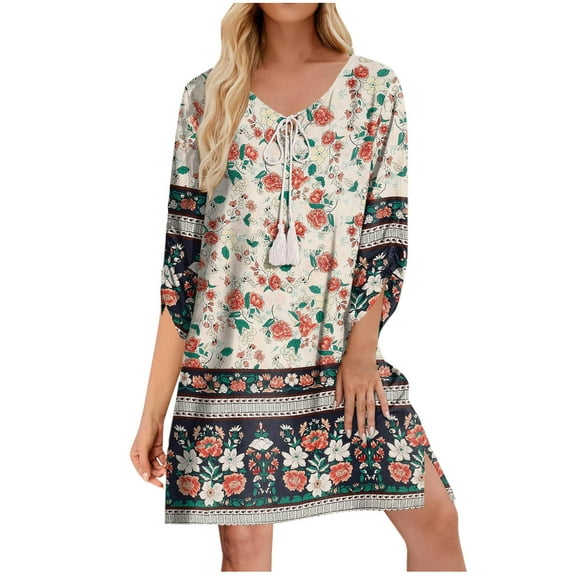 Atogsazn Womens Boho Dresses Casual Beach Summer Dress Crewneck 3/4 Sleeve Mini Sundress 2025 Floral Print Cover Up Clothes Beige XXL