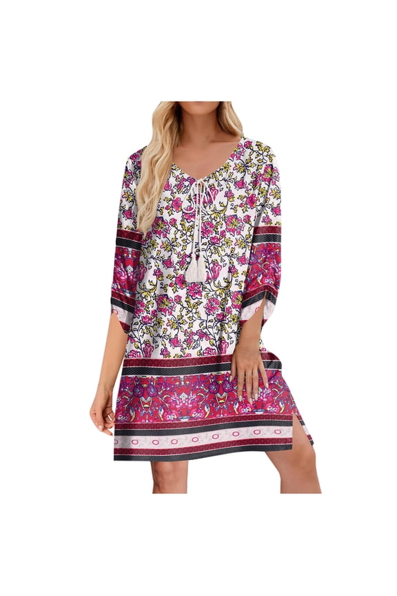 Womens Boho Dresses Casual Beach Summer Dress Crewneck 3/4 Sleeve Mini Sundress 2025 Floral Print Cover Up Clothes Hot Pink L