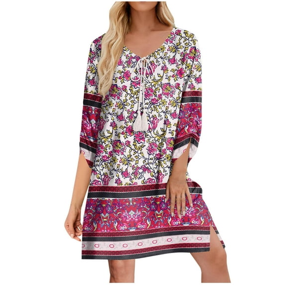 Atogsazn Womens Boho Dresses Casual Beach Summer Dress Crewneck 3/4 Sleeve Mini Sundress 2025 Floral Print Cover Up Clothes Hot Pink M on Clearance