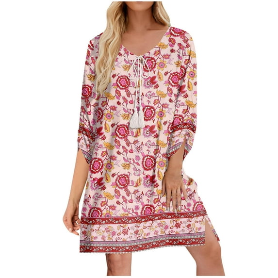 Atogsazn Womens Boho Dresses Casual Beach Summer Dress Crewneck 3/4 Sleeve Mini Sundress 2025 Floral Print Cover Up Clothes Pink M on Clearance