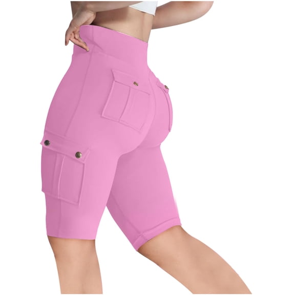 Atogsazn Womens Butt Lifting Biker Shorts Leggings High Waist Athletic Workout Shorts with Mutli Pocket A-Pink L