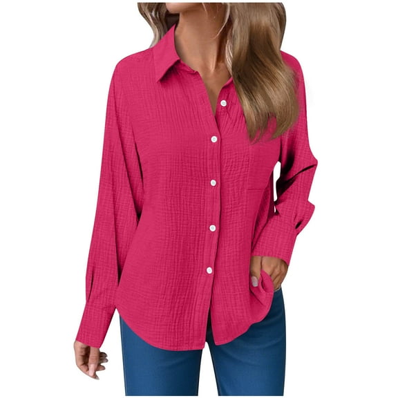 Atogsazn Womens Button Down Shirt Casual Linen Long Sleeve Shirts Spring Fall Tops Outerwear Clothing 01-Hot Pink XL Fashion
