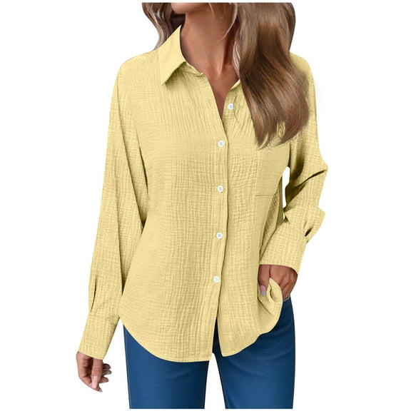Atogsazn Womens Button Down Shirt Casual Linen Long Sleeve Shirts Spring Fall Tops Outerwear Clothing 02-Yellow XXL Fashion