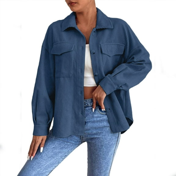 Atogsazn Womens Button Up Jacket Casual Long Sleeve Corduroy Shirt Spring Fall Tops Clothing with Pocket Blue L Fashion