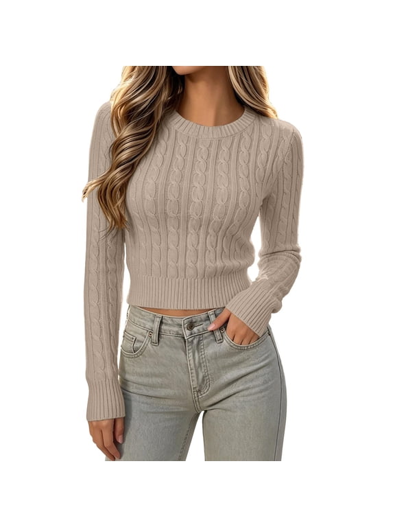 Womens Cable Knit Cropped Sweater Casual Crew Meck Long Sleeve Slim Fit Blouse Fall Winter Tops Khaki L Fashion