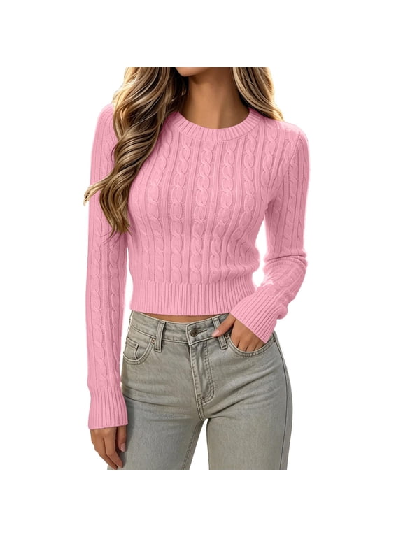 Womens Cable Knit Cropped Sweater Casual Crew Meck Long Sleeve Slim Fit Blouse Fall Winter Tops Pink S Fashion