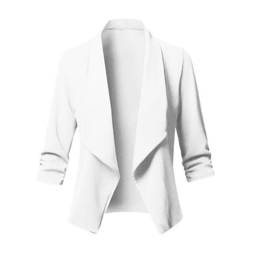 Atogsazn Womens Casual Blazers Jacket 3/4 Sleeve Open Front Business Suit Coat Solid Color Tops White L on Clearance