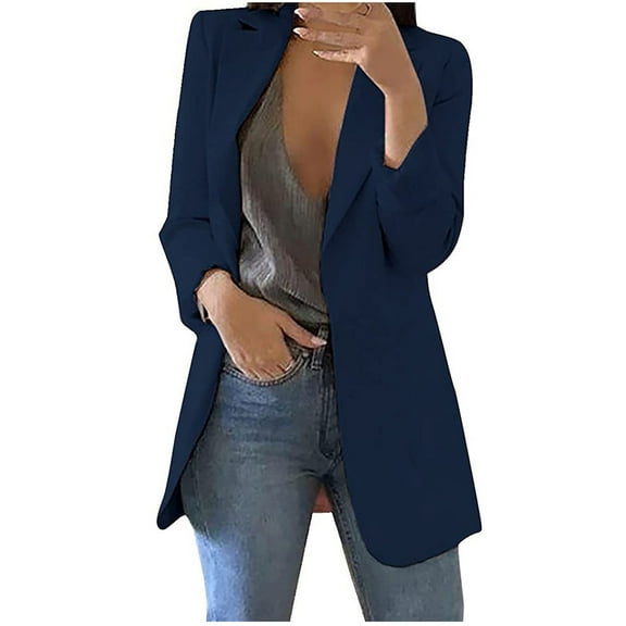 Atogsazn Womens Casual Blazers Open Front Long Sleeve Lapel Collar Work Office Jacket Fashion Lightweight Outerwear Dark Blue M