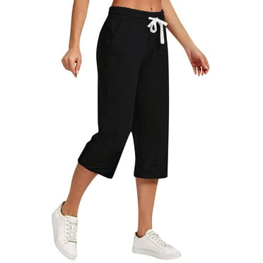Atogsazn Womens Casual Linen Cropped Pants Elastic Waist Loose Capris Drawstring Solid Color Shorts with Pocket Black S on Clearance