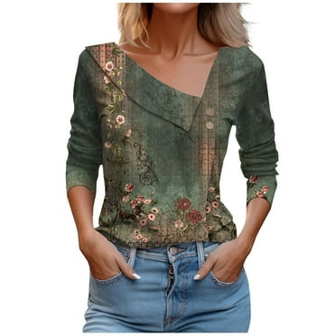 Atogsazn Womens Casual Printed Button-Up T-shirt Summer V Neck Long Sleeve Pullover Blouse Loose Tops Army Green S on Clearance