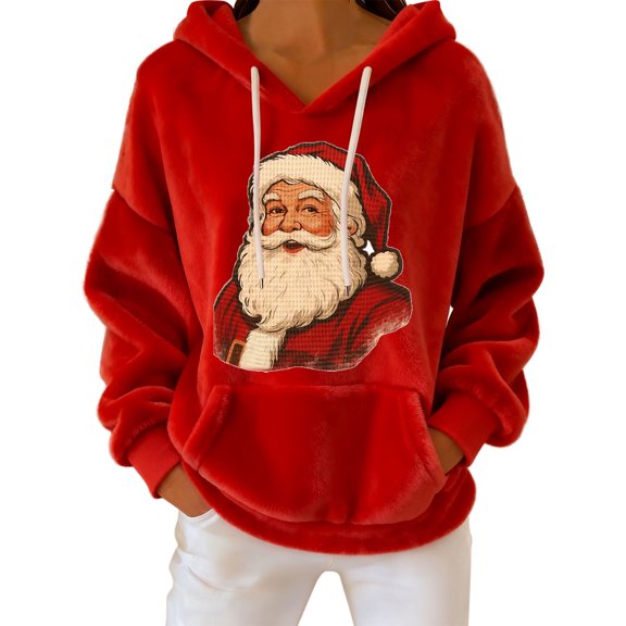 Atogsazn Womens Christmas Hoodies Santa Flannel Fleece Long Sleeve Hooded Sweatshirt Pullover Winter Fuzzy Clothes Tops 01-Red S Fashion
