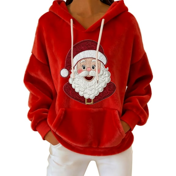 Atogsazn Womens Christmas Hoodies Santa Flannel Fleece Long Sleeve Hooded Sweatshirt Pullover Winter Fuzzy Clothes Tops 03-Red S Fashion