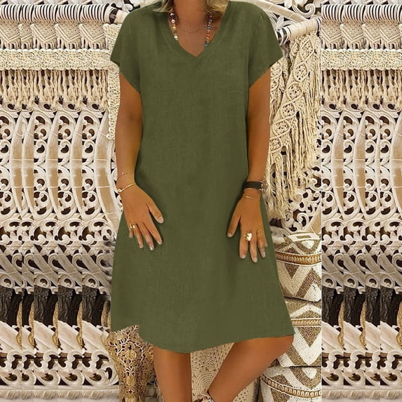 Atogsazn Womens Cotton And Linen Summer Dresses Loose V-Neck Short Sleeve Dress Solid Color Casual Dress Army Green XL on Clearance