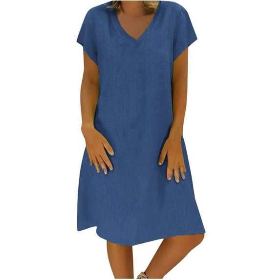 Atogsazn Womens Cotton And Linen Summer Dresses Loose V-Neck Short Sleeve Dress Solid Color Casual Dress Navy L on Clearance