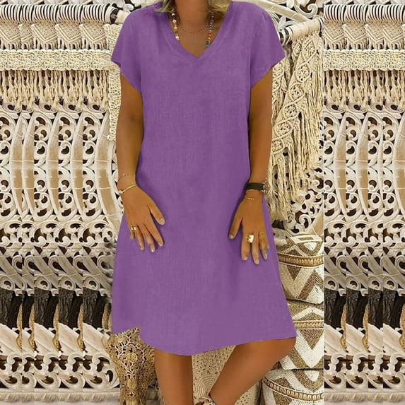 Atogsazn Womens Cotton And Linen Summer Dresses Loose V-Neck Short Sleeve Dress Solid Color Casual Dress Purple XL on Clearance