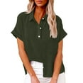 thumbnail image 1 of Atogsazn Womens Cotton Linen Shirt Summer Button Short Sleeve Shirt Loose V Neck Top Clothes Fashion Army Green XXXL, 1 of 6