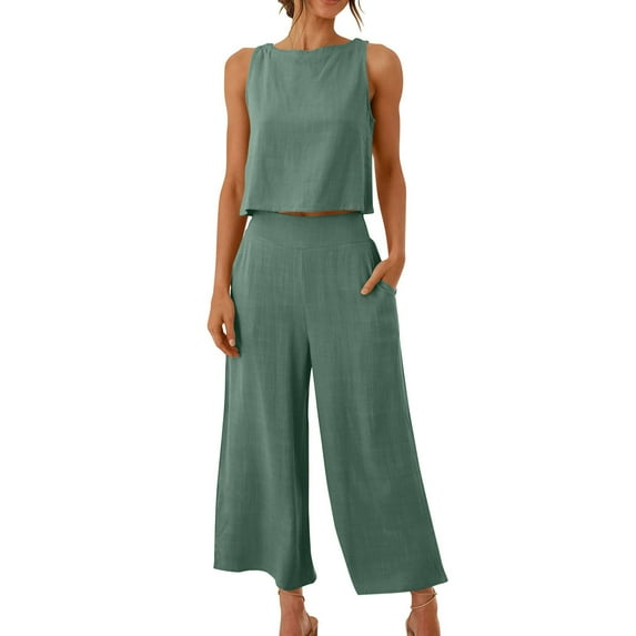 Atogsazn Womens Cotton and Linen Outfits Casual Crew Neck Sleeveless Suit Solid Color T Shirt and Wide Leg Pants 2 Piece Sets Green XL on Clearance