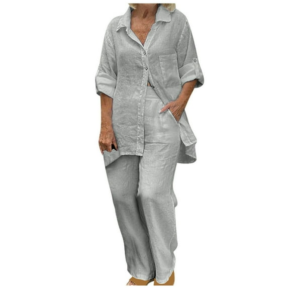 Atogsazn Womens Cotton and Linen Summer Outfits Casual Turndown Collar 3/4 Sleeve Shirt Wide Leg Pants Two Piece Sets Gray L on Clearance