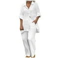 thumbnail image 1 of Atogsazn Womens Cotton and Linen Summer Outfits Casual Turndown Collar 3/4 Sleeve Shirt Wide Leg Pants Two Piece Sets White XXL on Clearance, 1 of 8
