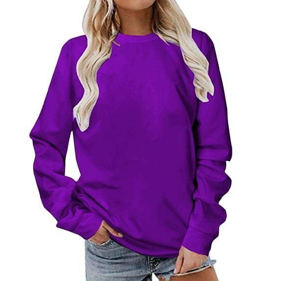 Atogsazn Womens Crew Neck Solid Color Sweatshirts Long Sleeve Casual Pullover Cute Lightweight Loose Tops Purple XL