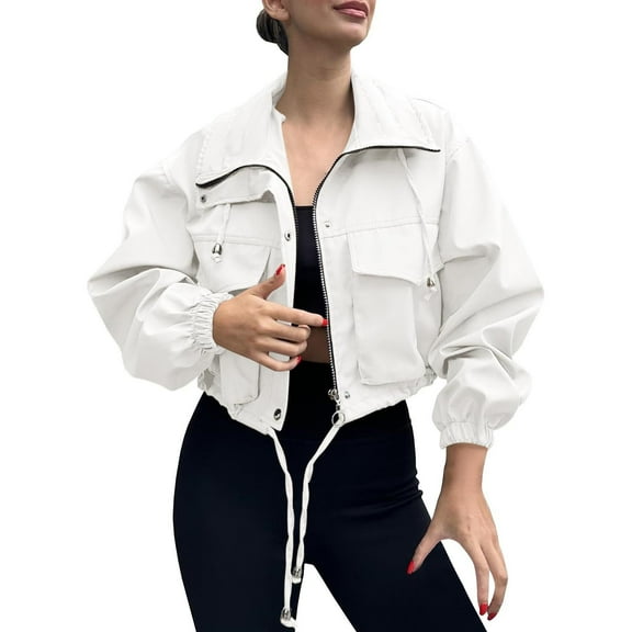Atogsazn Womens Cropped Jacket Casual Zip Up Lightweight Loose Coat Oversized Windbreaker Outerwear White M Fashion
