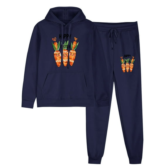 Atogsazn Womens Easter Sweatsuits Athletic Jogger Long Sleeve Hooded Sweatshirt and Pant 2 Piece Outfit 06-Navy M