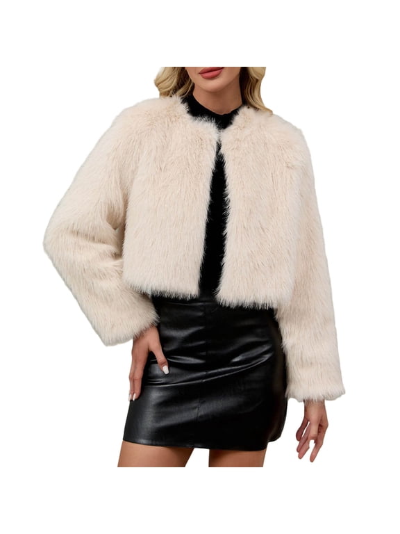 Womens Faux Fur Cropped Jacket Fuzzy Long Sleeve Thick Warm Winter Coat Open Front Cardigan Tops Beige L Fashion