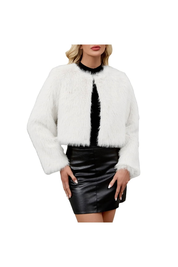 Womens Faux Fur Cropped Jacket Fuzzy Long Sleeve Thick Warm Winter Coat Open Front Cardigan Tops White M Fashion