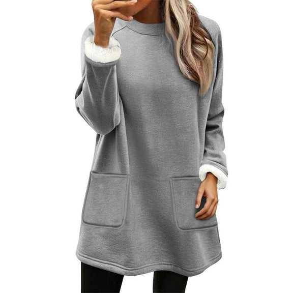 Atogsazn Womens Fleece Lined Blouse Casual Oversized Sherpa Loose Fit Tops Thick Warm Clothing Outfit with Pocket Gray L Fashion