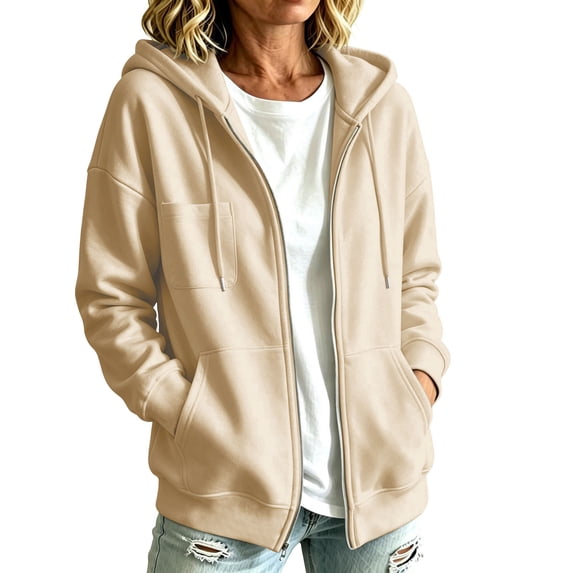 Atogsazn Womens Fleece Oversized Hoodies Casual Full Zip Long Sleeve Hooded Sweatshirt Fall Winter Tops Beige S Fashion
